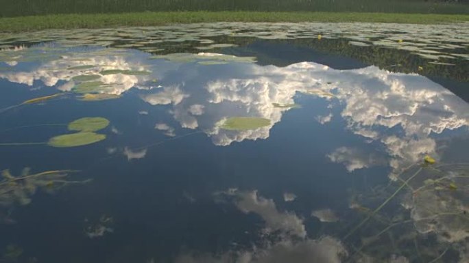 特写: 惊人的玻璃湖水面反射大浮肿的白云