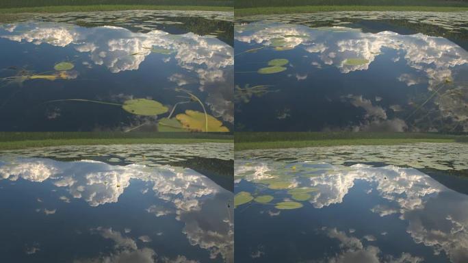 特写: 惊人的玻璃湖水面反射大浮肿的白云