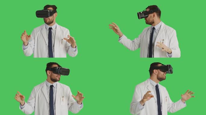 一位科学家戴着VR头戴式耳机的中段镜头，惊奇地举手示意。以绿屏背景拍摄。
