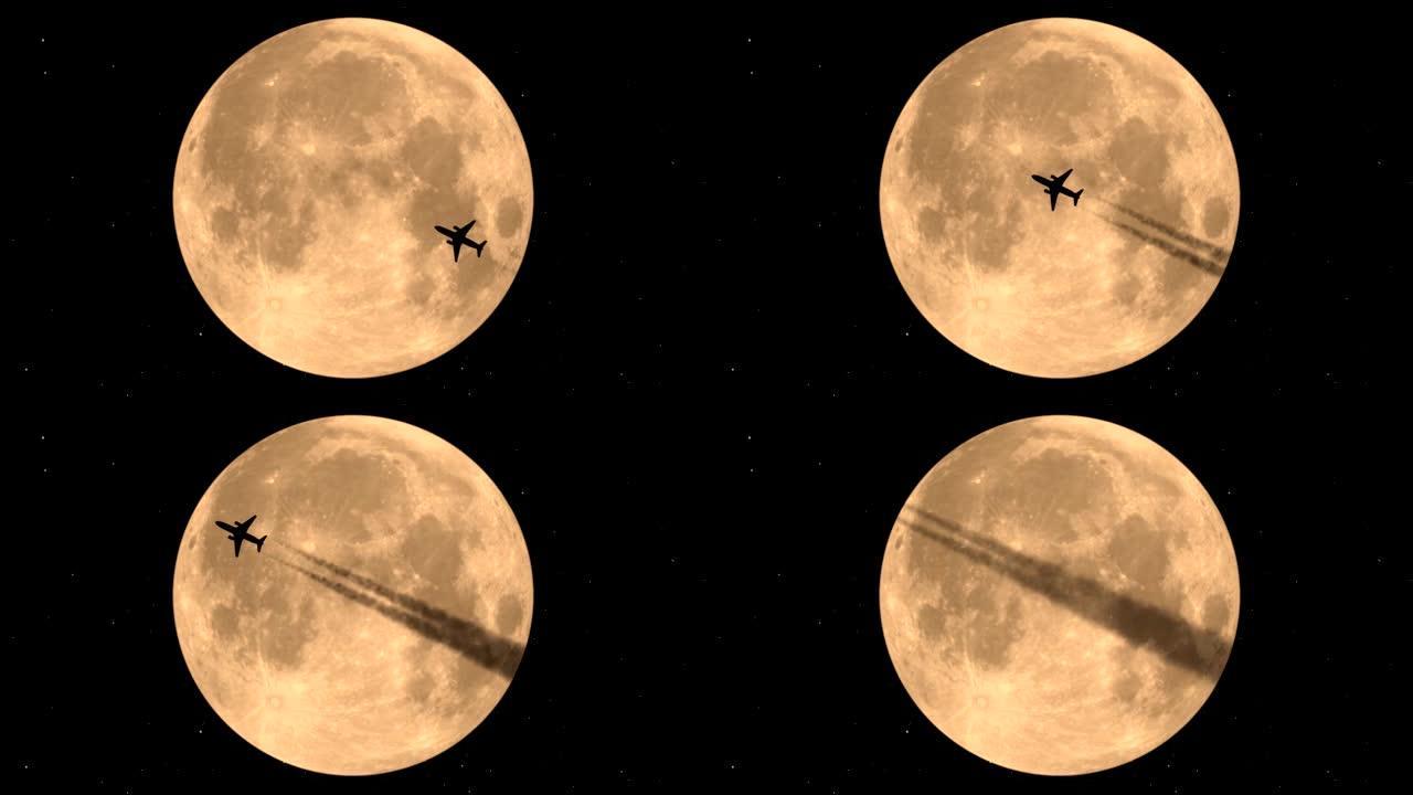 月球背景上的飞行飞机