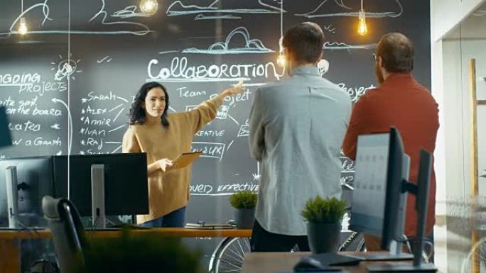 女项目经理与她的同事开会，她拿着平板电脑，并展示了绘制黑板墙的计划。他们在创意机构工作。
