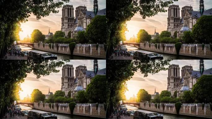 法国日落时的巴黎圣母院和塞纳河