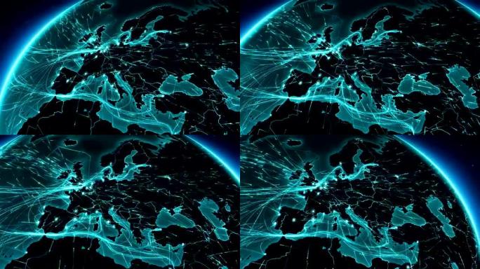 地球连接。欧洲。空中、海上、地面路线和国家边界。