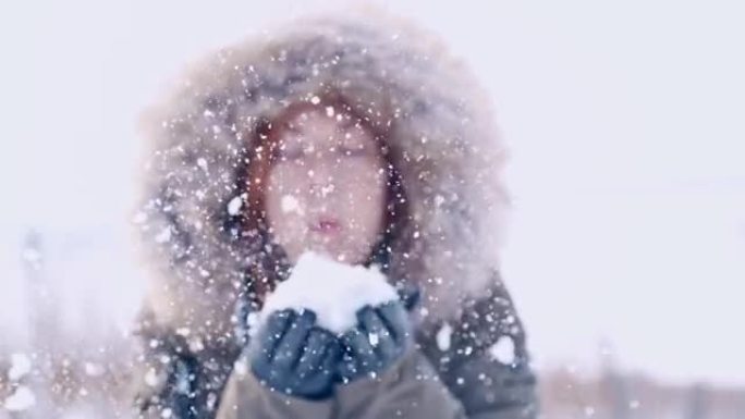 女人朝相机吹雪，超级慢动作