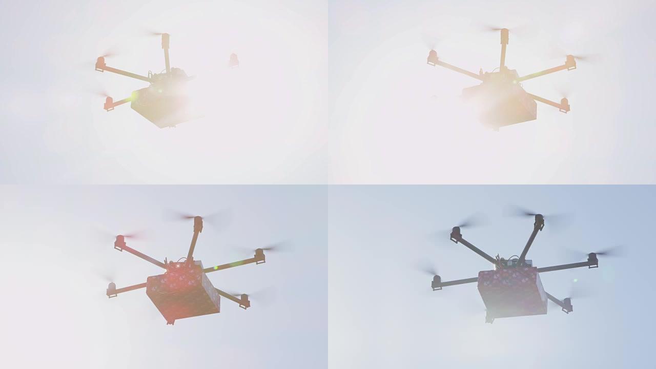 镜头耀斑: 无人机无人机交付。多旋翼飞机在蓝天上飞行大红色礼物