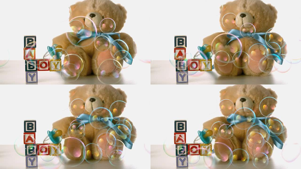 漂浮在婴儿奶奶块和泰迪熊上的气泡