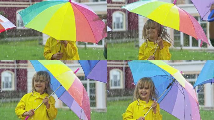 穿着黄色雨衣的可爱女孩在雨中跳跃