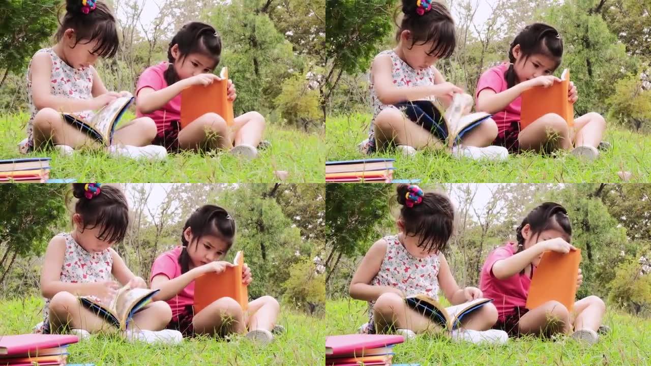 4k两个孩子小女孩在公园里读故事书准备上学，肖像脸孩子在草地草地上读游戏书夏天花户外自然特写