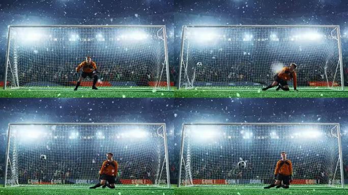 足球守门员在专业足球场上跳跃并未能保存球。体育场和人群以3D和动画制作