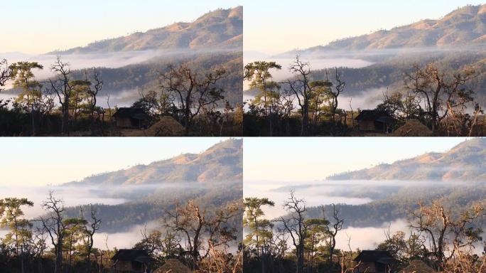 山上移动的云和雾时间流逝