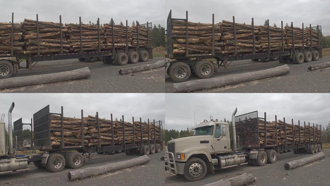 特写: 将树干堆积在原木运输卡车上的大堆中