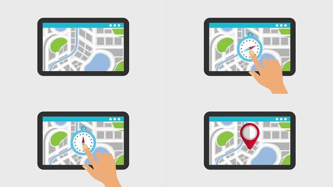 平板电脑设备与手触摸指南针针地图全球定位系统导航