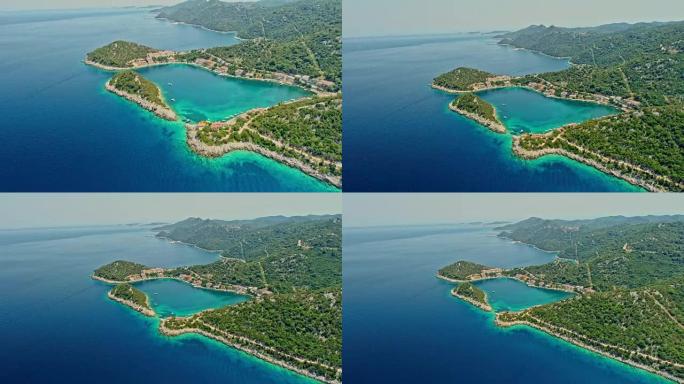 无人机视点克罗地亚拉斯托沃岛阳光明媚的蓝湾