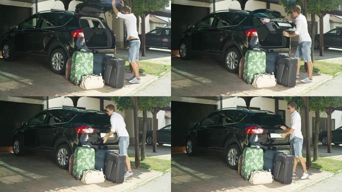 慢动作: 穿白衬衫的人在卸下行李后关闭了汽车后备箱