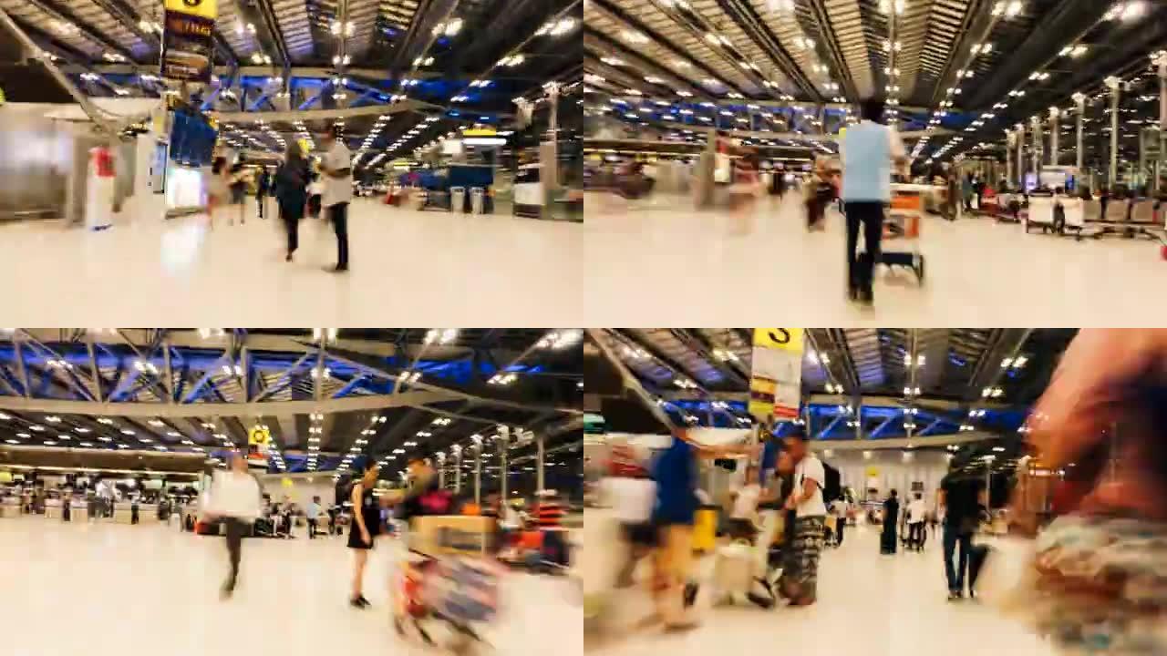 手推车上的延时或超延时4K: 泰国素万那普机场机场出发登机口的旅客人群