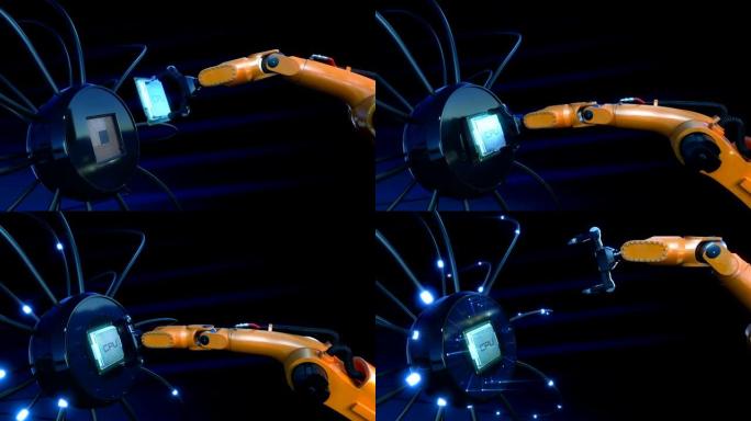 通过带有蓝色信号的机械臂将处理器安装到未来派电路板上的漂亮过程。带有中央处理器和信号弹的主板3d动画