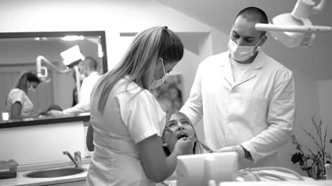 牙医团队检查患者的牙齿