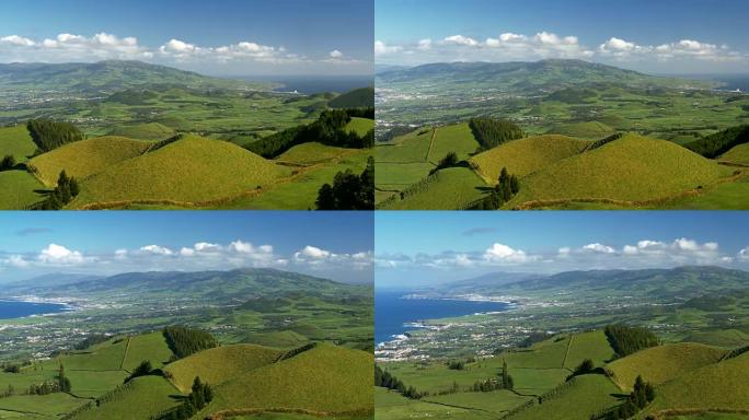 亚速尔群岛葡萄牙群岛圣米格尔岛绿色山丘全景拍摄。4K, UHD