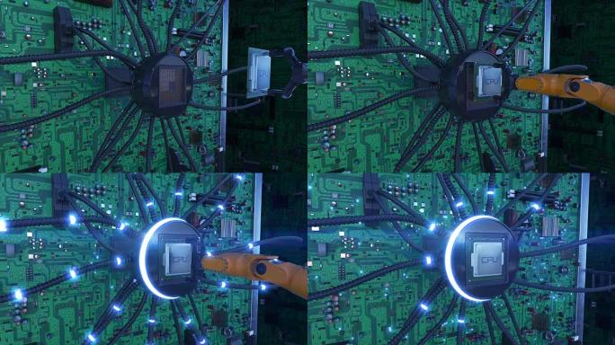 通过带有蓝色信号的机械臂将处理器安装到电路板上的漂亮过程。带有CPU和信号弹的主板3d动画。技术和数
