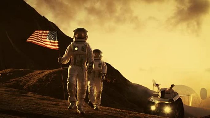 两名宇航员探索火星/红色星球。一个举着美国国旗。不久的将来和技术的进步带来了太空探索，旅行，殖民的概