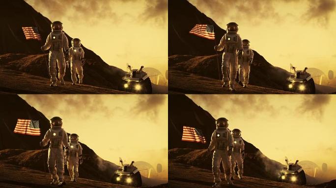 两名宇航员探索火星/红色星球。一个举着美国国旗。不久的将来和技术的进步带来了太空探索，旅行，殖民的概