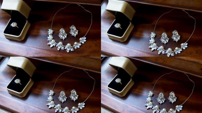 结婚钻石戒指、钻石项链和耳环4K 4k