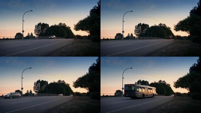 日出时高速公路上的汽车和公共汽车