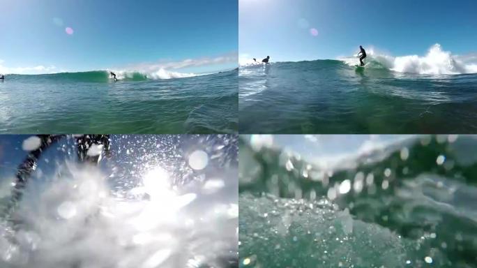 慢动作: 冲浪者冲浪并将水溅入相机