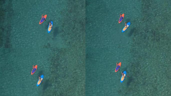 空中: 两个女友在令人惊叹的水晶般清澈的海洋中站起来