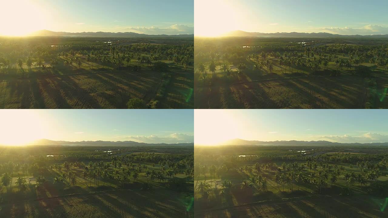 空中: 在宁静的夏日日落时飞越空荡荡的天堂岛高尔夫球场。