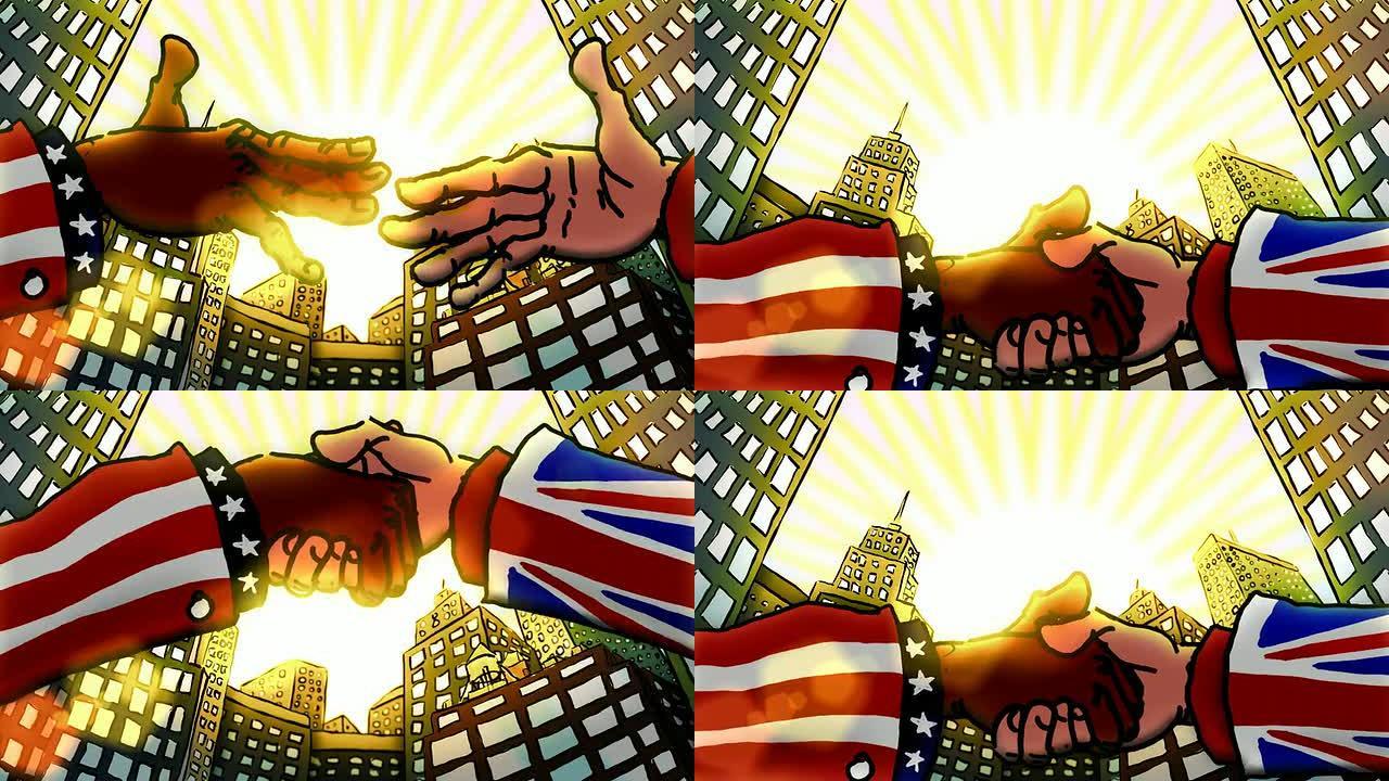 美国人和英国人在日落的建筑前握手