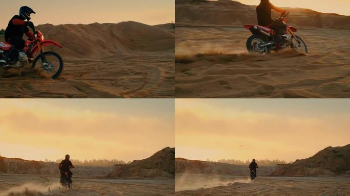 职业自行车骑手在他的FMX摩托车上飞驰过桑迪越野赛道。风景优美的采石场与日落是在背景。
