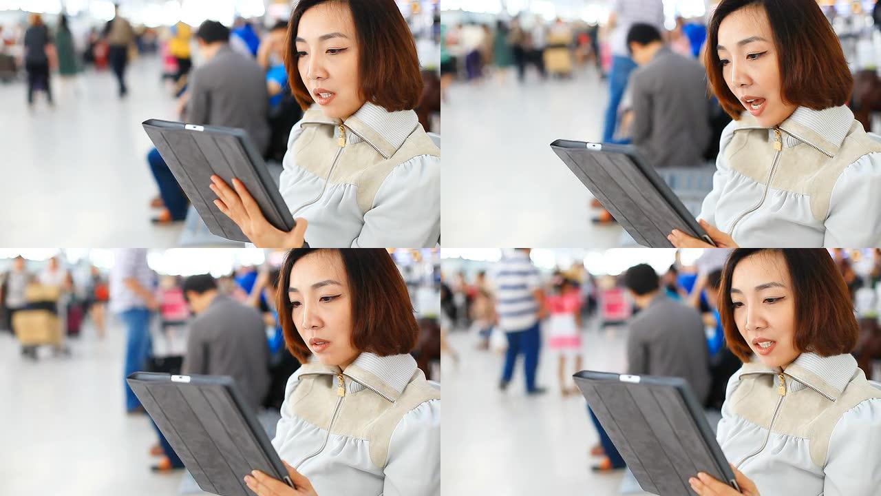 高清：亚洲女性通过平板电脑聊天，情绪激动。