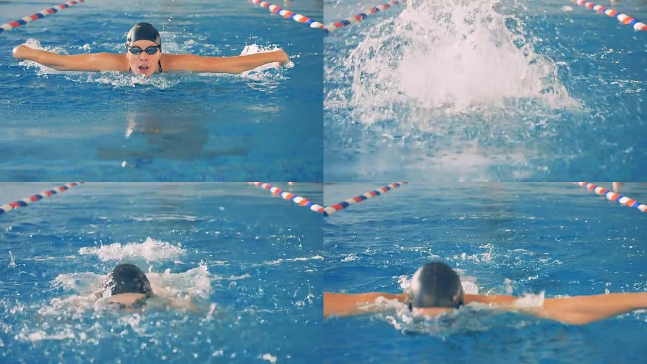 一名女游泳者的头在水中或水中移动。