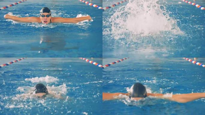 一名女游泳者的头在水中或水中移动。