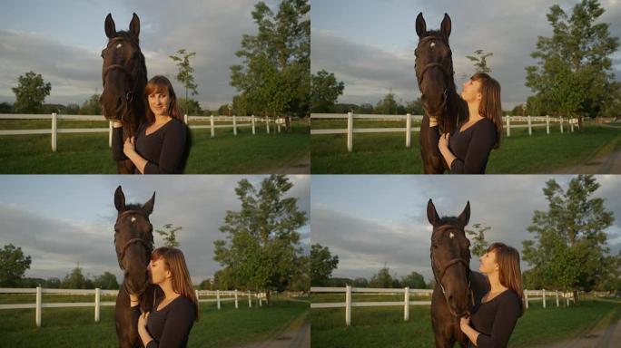 慢动作: 开朗女孩抚摸和亲吻高大的黑湾马的肖像