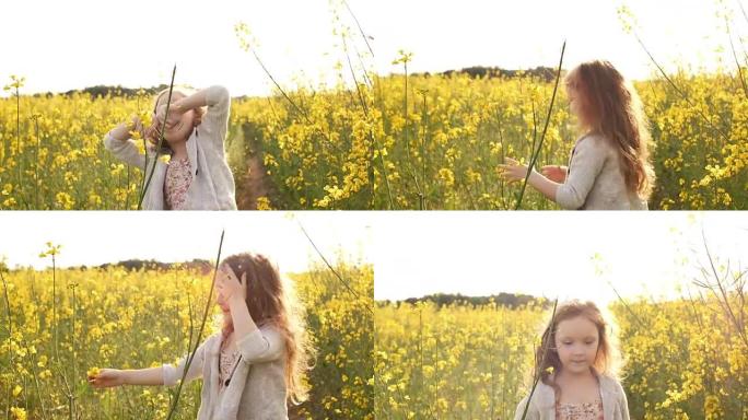 小女孩摘花扔花瓣