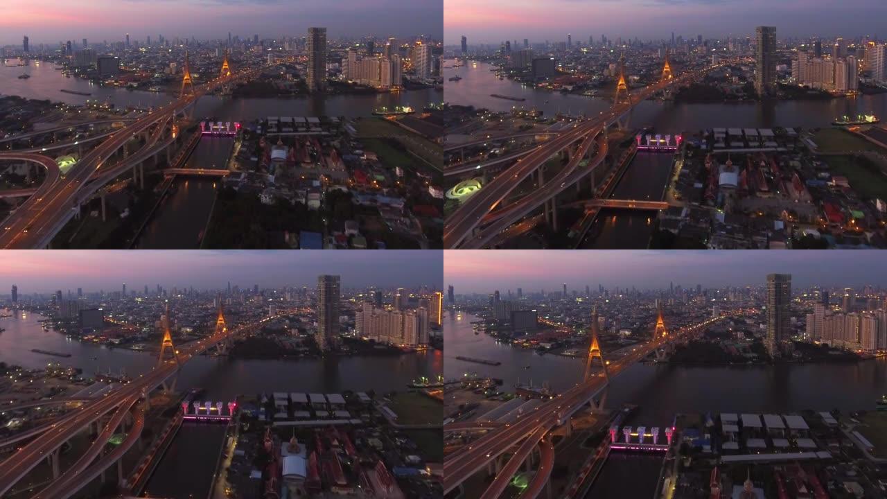 泰国曼谷穿越chaopraya河的普密蓬大桥鸟瞰图