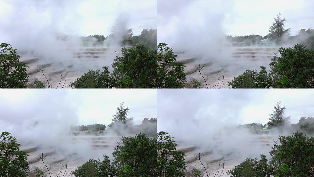 4k特写: 白烟和蒸汽从地热热水露台泉升起