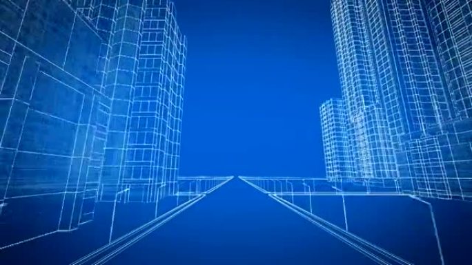 数字3d蓝图中的美丽现代城市成长过程。施工与技术概念。蓝色3d动画循环。