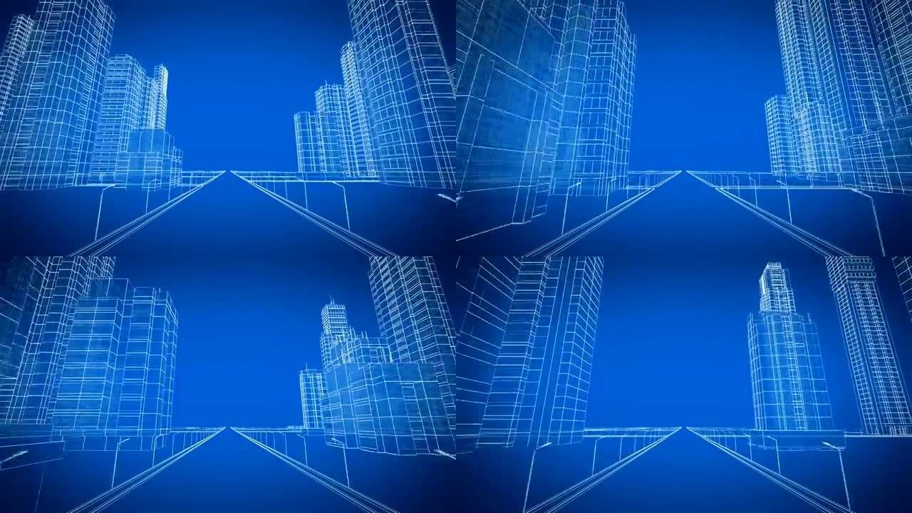 数字3d蓝图中的美丽现代城市成长过程。施工与技术概念。蓝色3d动画循环。