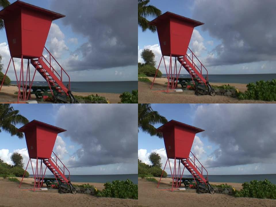 热带橙色救生员海滩塔，缩小