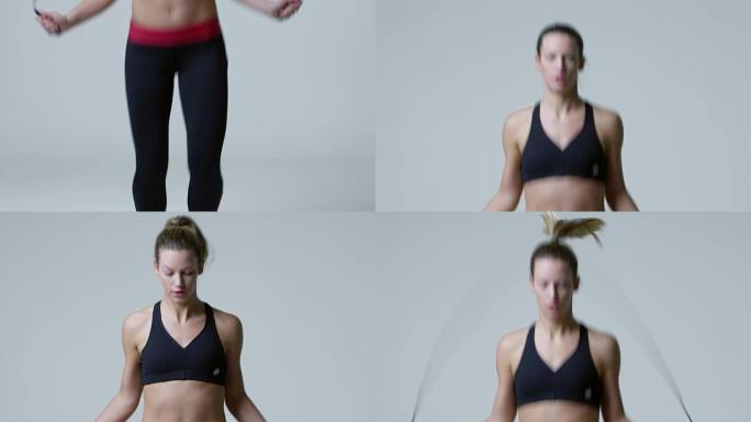 运动型金发女子跳绳的全长倾斜镜头，在R3D上拍摄