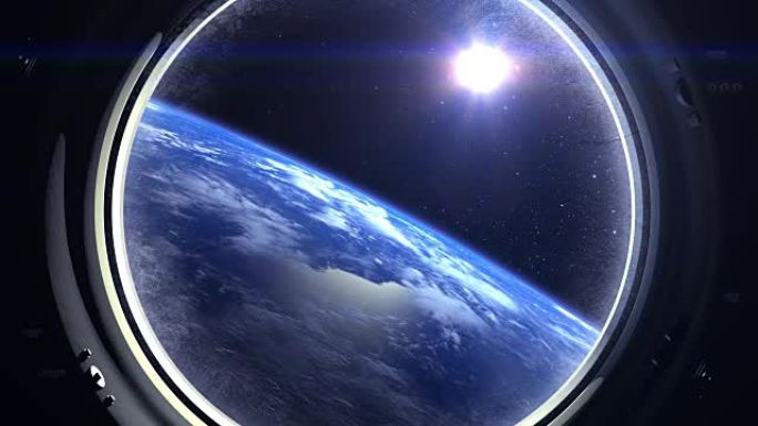 从国际空间站的窗户看到的地球。国际空间站。飞走了。地平线向右转动。体积云。从太空看。星星闪烁。地球。