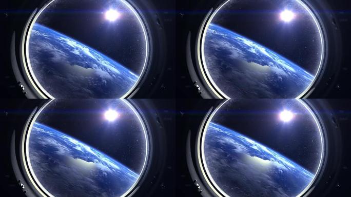 从国际空间站的窗户看到的地球。国际空间站。飞走了。地平线向右转动。体积云。从太空看。星星闪烁。地球。