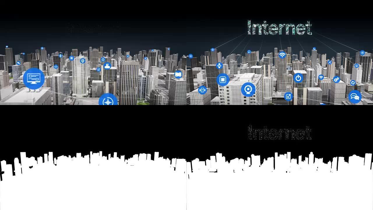 智能城市上的各种事物传感器图标，连接互联网技术。真正的建筑。