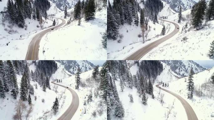 鸟瞰车在峡谷积雪覆盖的冬季道路上行驶