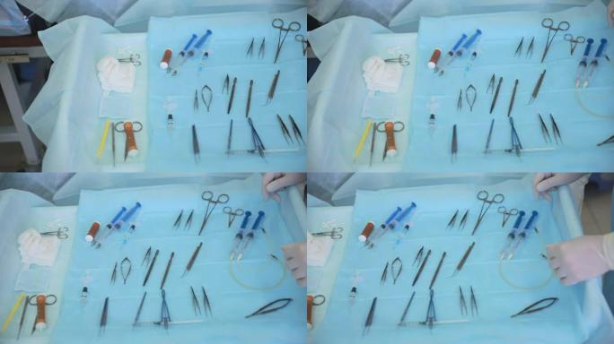 手术室桌子上的手术工具