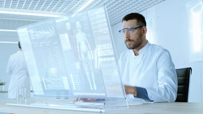 在未来主义的实验室中，科学家们致力于透明的计算机显示，他们试图延长人类的寿命。屏幕显示各种与人类相关