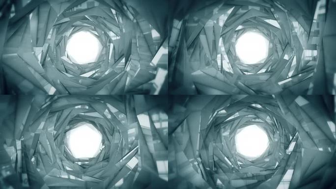 抽象技术隧道。银色金属constructiton带有反射的尖角相机旋转并向白光前进。项目的动态背景